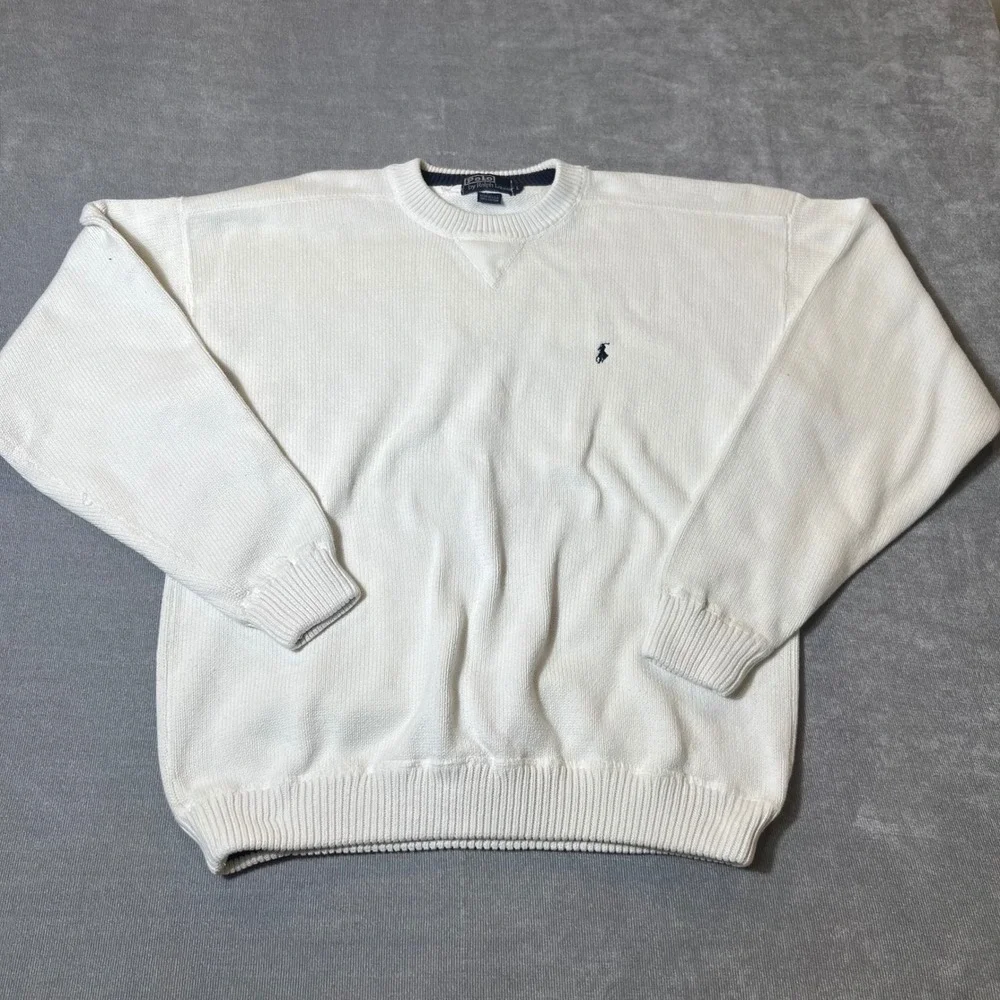 Vintage Polo Ralph Lauren Mens White Cotton Crewneck Sweater Made in USA Large